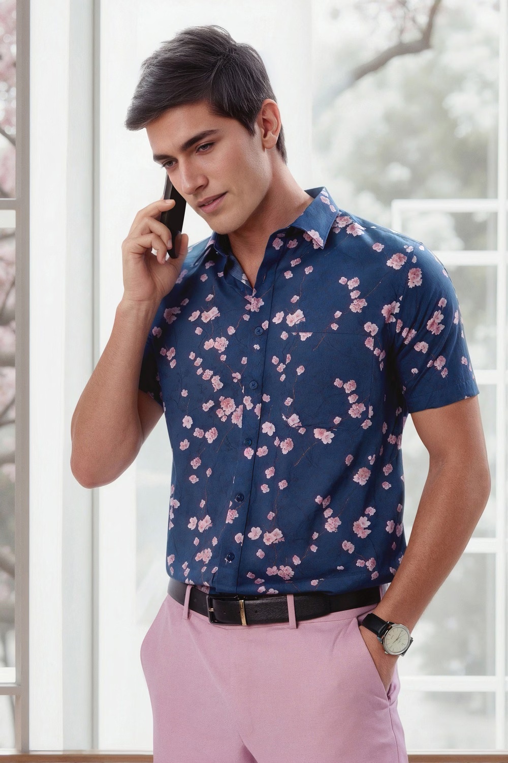 Men Navy Slim Fit Print Half Sleeves Formal Shirt-Navy 1 16705-men-navy-slim-fit-print-half-sleeves-formal-shirt-navy-1.jpg