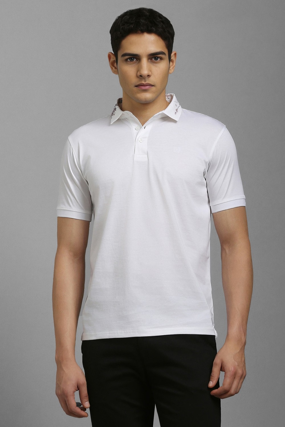 Men White Textured Polo Neck T-shirt-White