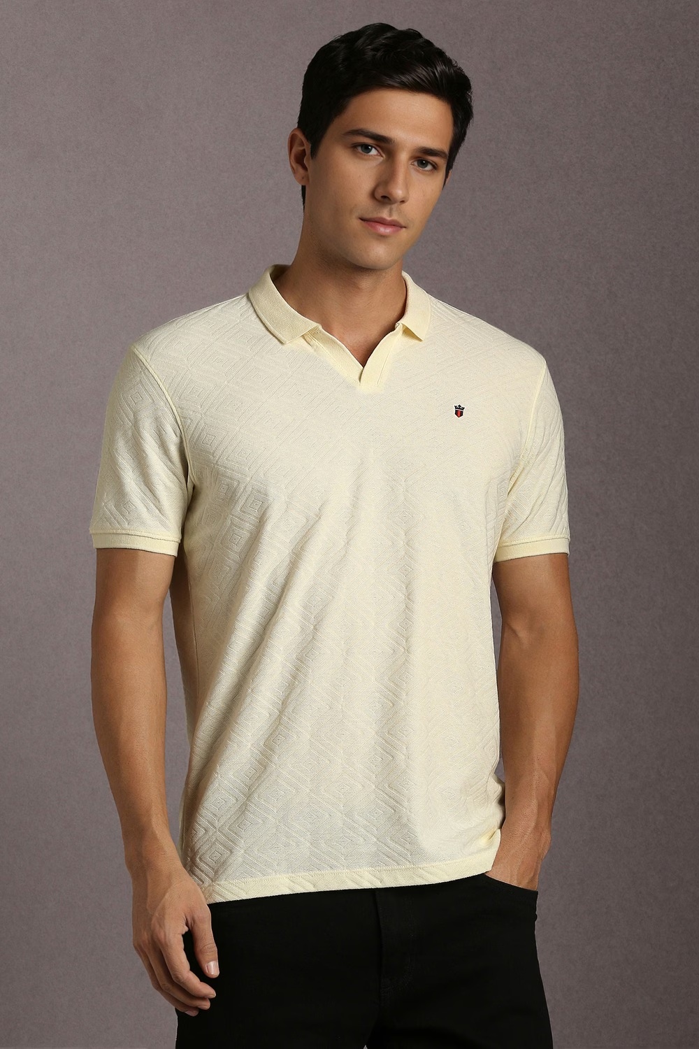 Men Beige Textured Polo Neck T-shirt-Beige