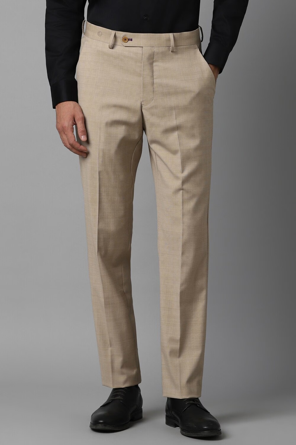 Men Beige Slim Fit Check Flat Front Formal Trousers-Beige