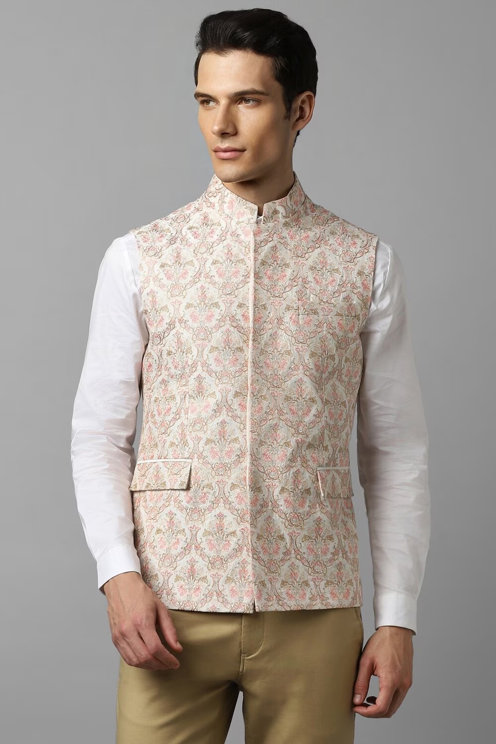Men Cream Print Slim Fit Party Nehru Jacket-Cream