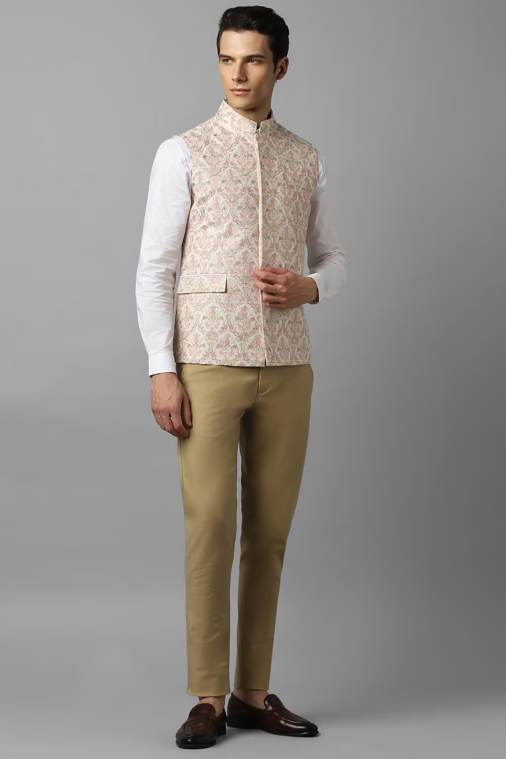 Men Cream Print Slim Fit Party Nehru Jacket-Cream