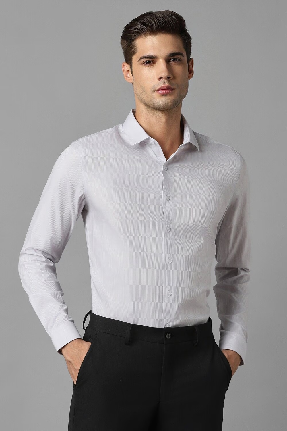 Men Grey Super Slim Fit Stripe Full Sleeves Formal Shirt-Grey