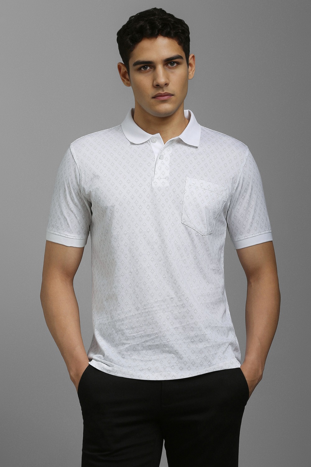 Men White Print Polo Neck T-shirt-White