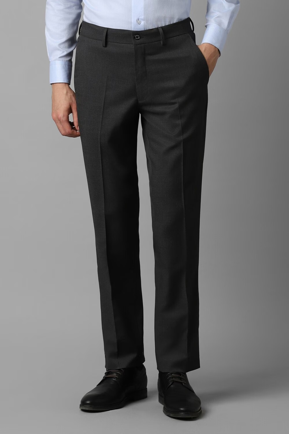 Men Black Regular Fit Textured Flat Front Formal Trousers-Black