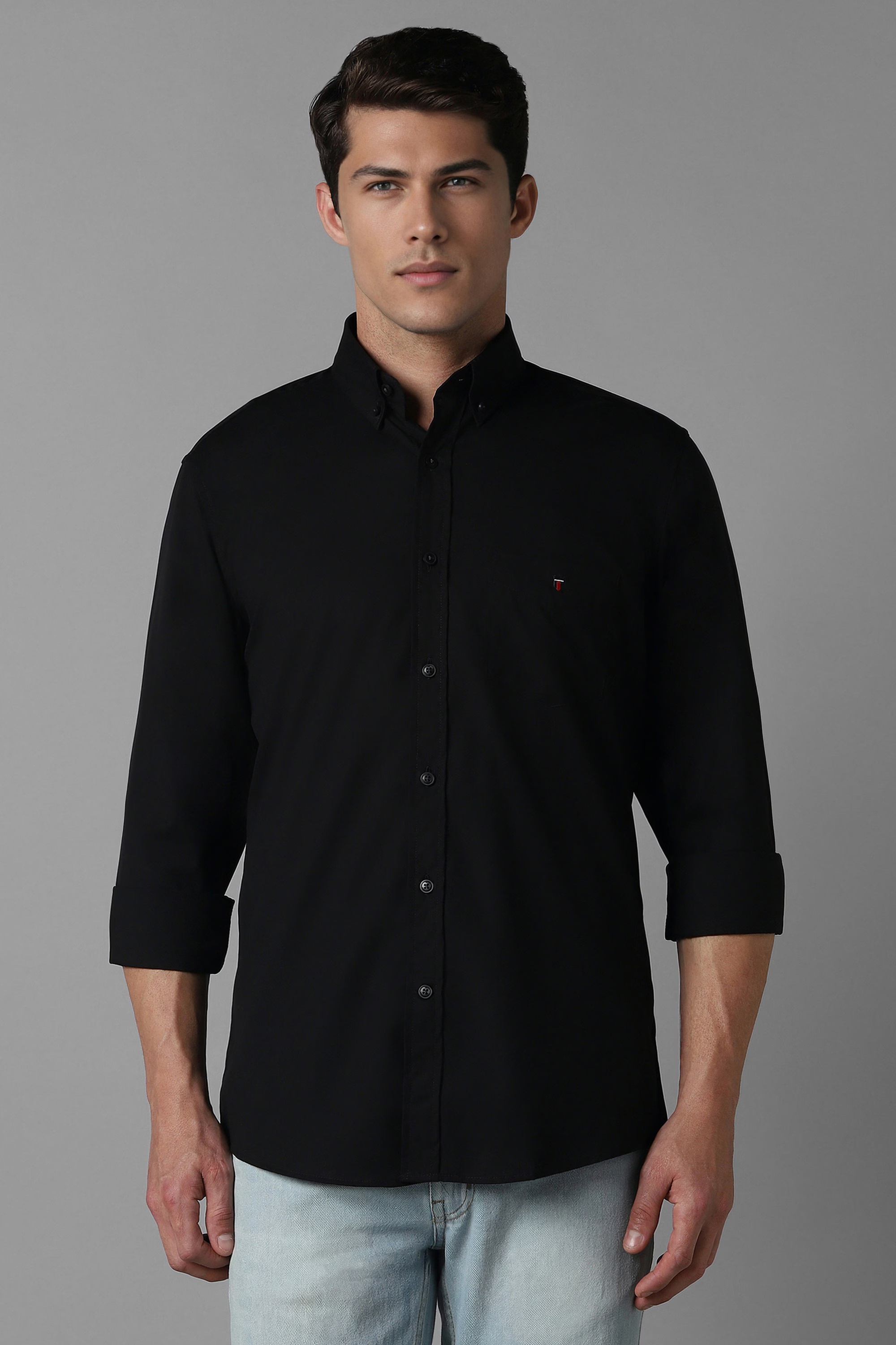 Men Black Slim Fit Solid Full Sleeves Casual Shirt-Black