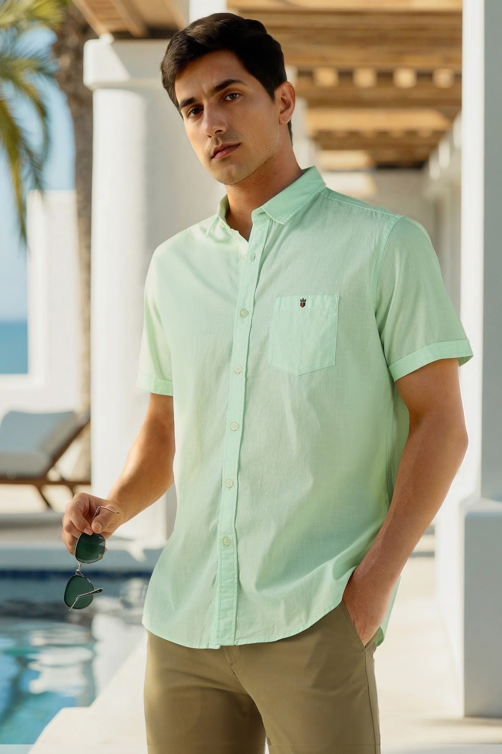 Men Green Slim Fit Textured Half Sleeves Casual Shirt-Green