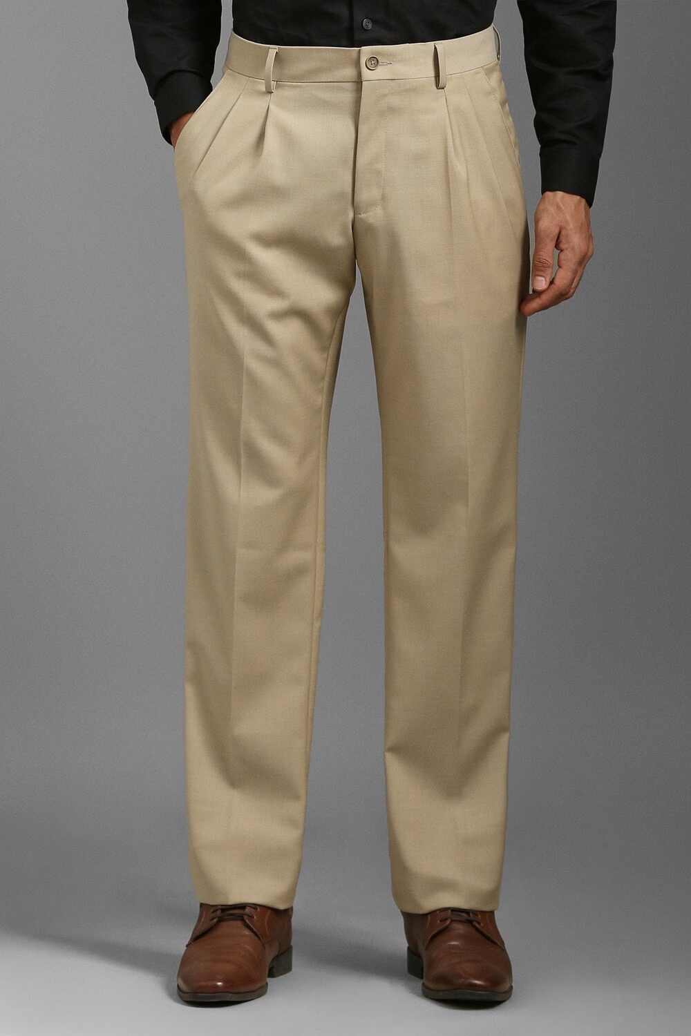 Men Beige Regular Fit Textured Pleated Formal Trousers-Beige