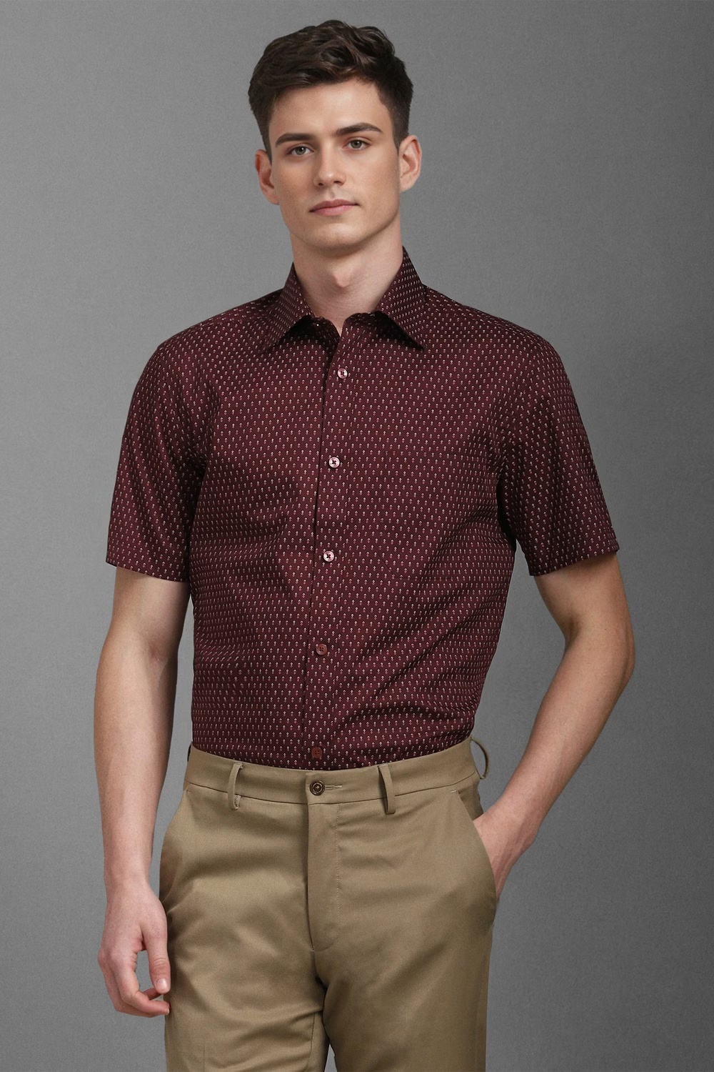 Men Maroon Classic Fit Print Half Sleeves Formal Shirt-Maroon