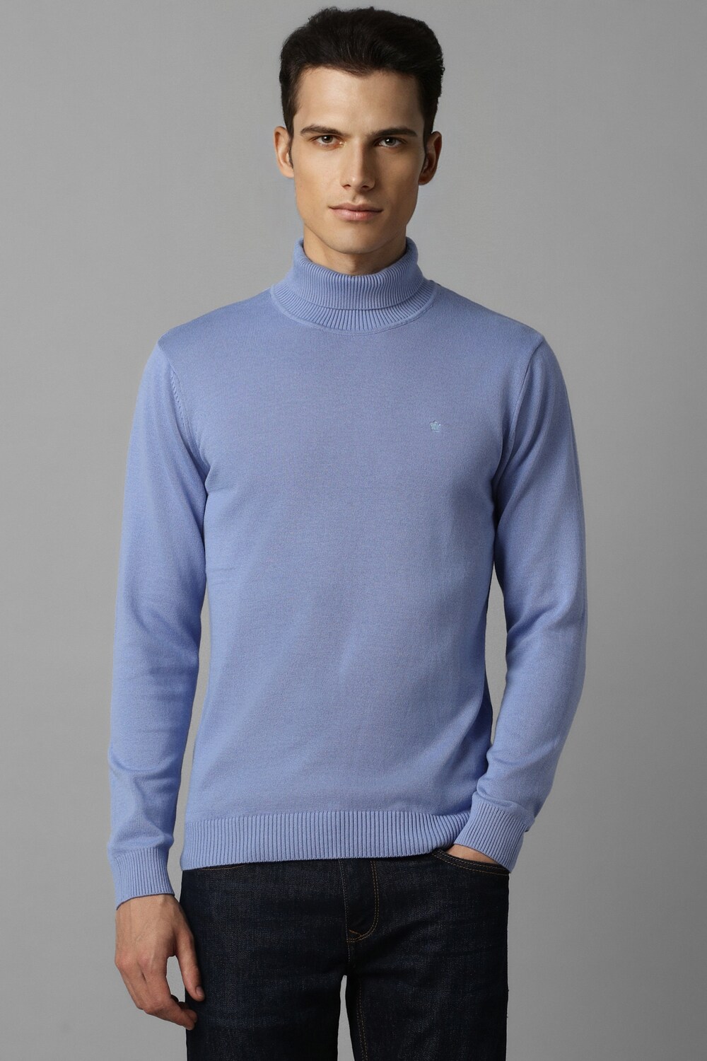 Men Blue Solid Turtle Neck Full Sleeves Sweater-Blue