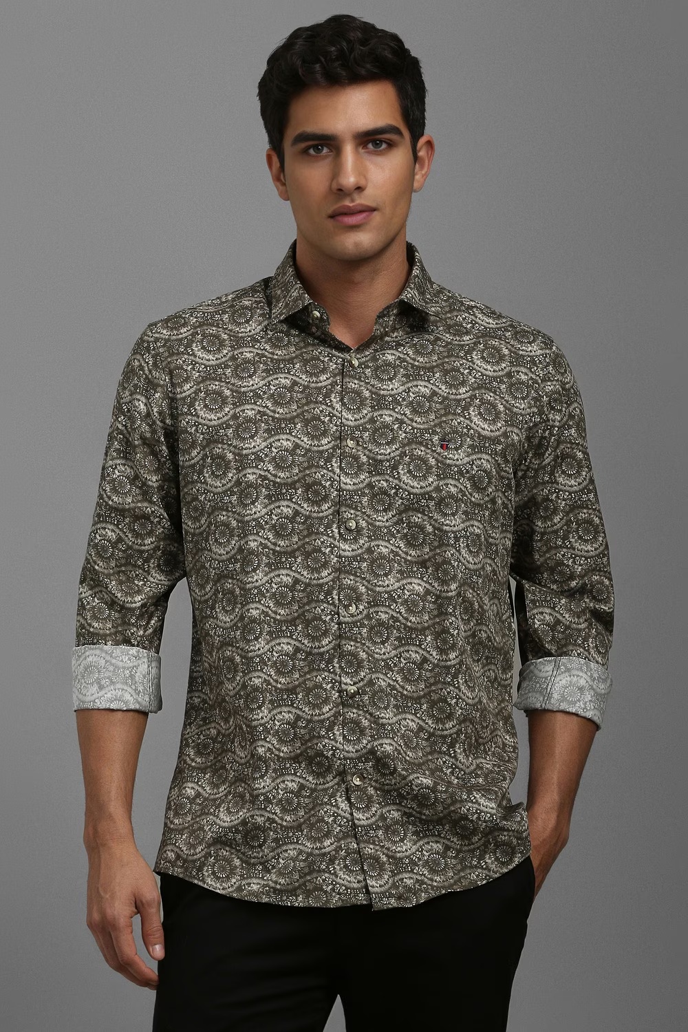 Men Olive Slim Fit Print Full Sleeves Casual Shirt-Olive