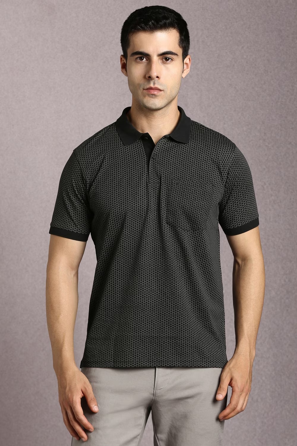 Men Black Print Polo Neck T-shirt-Black
