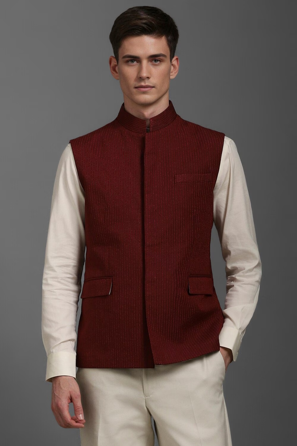 Men Maroon Embroidered Slim Fit Casual Nehru Jacket-Maroon
