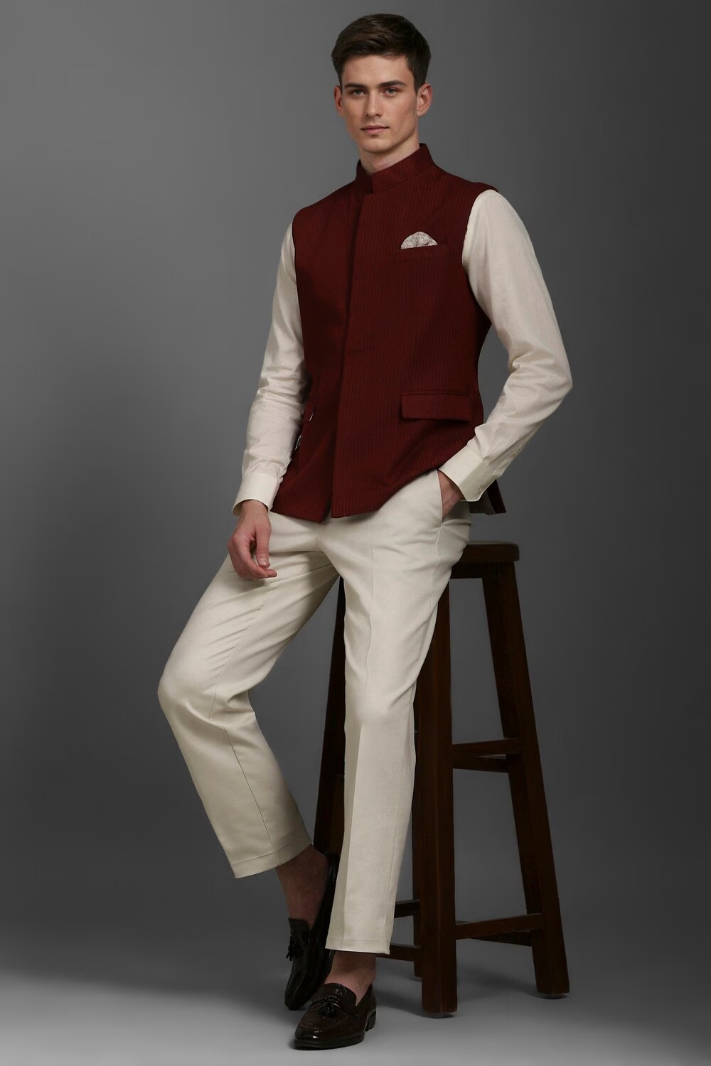 Men Maroon Embroidered Slim Fit Casual Nehru Jacket-Maroon