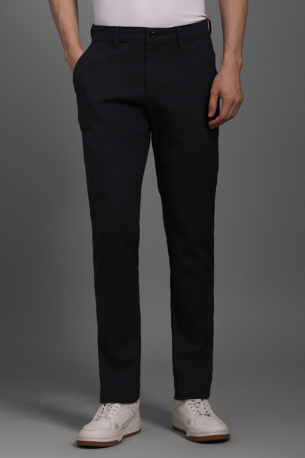 Men Black Textured Flat Front Casual Trousers-Black