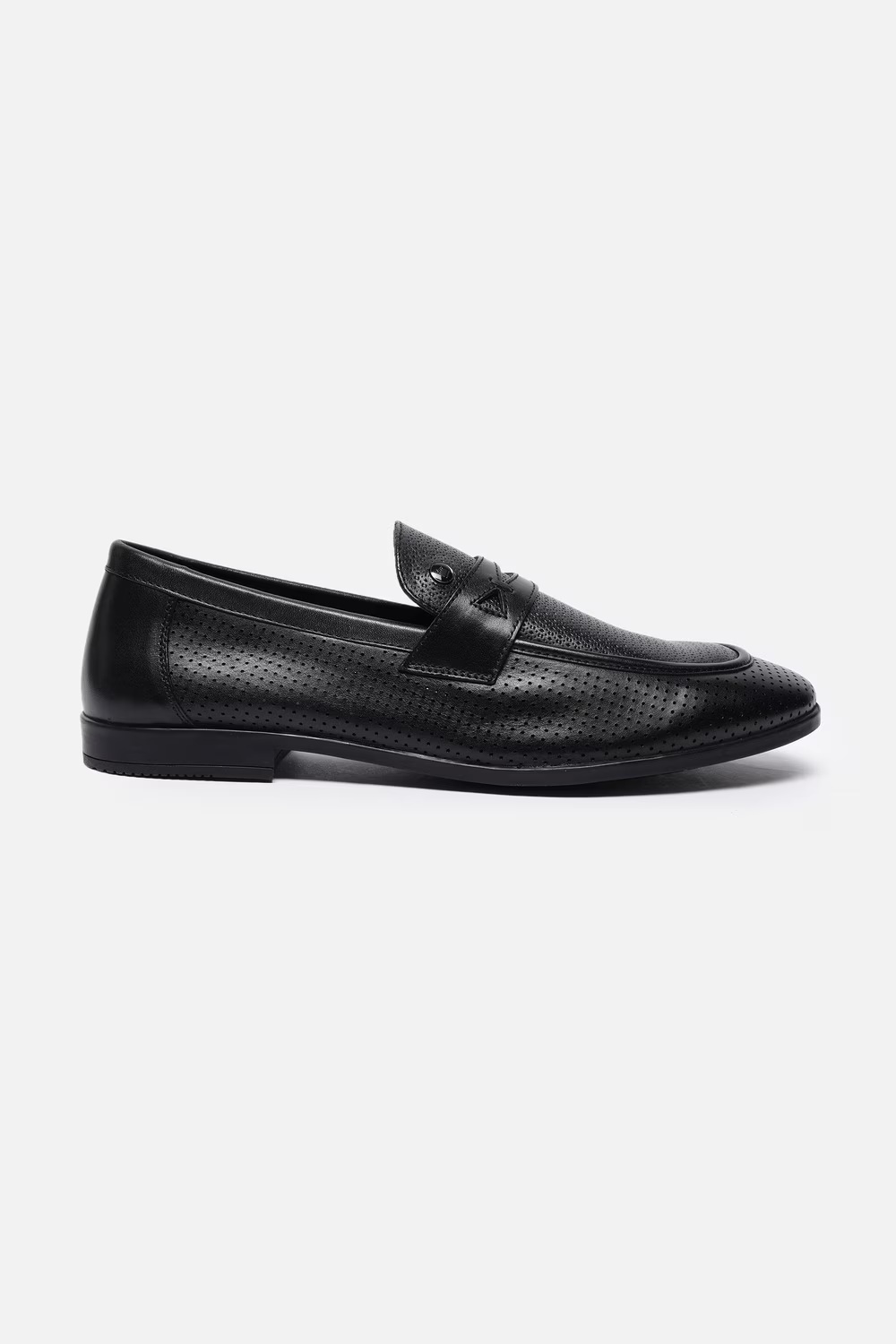 Men Perforation Detail Leather Black Slip On Shoes-Black