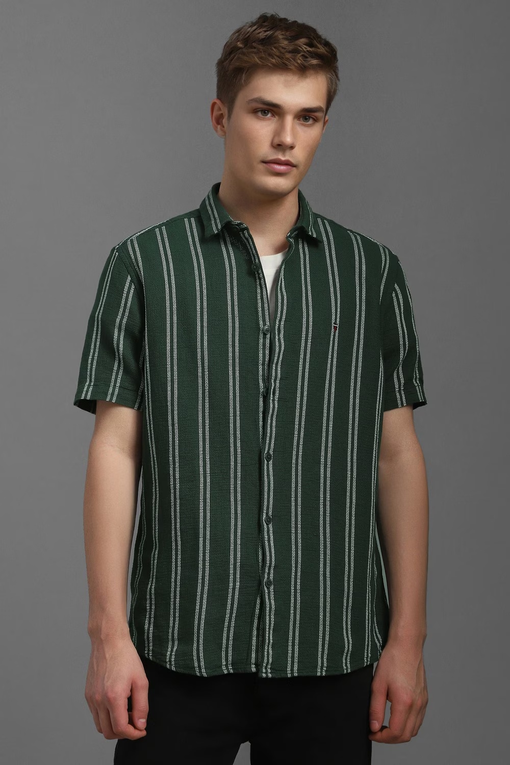 Men Green Slim Fit Stripe Half Sleeves Casual Shirt-Green