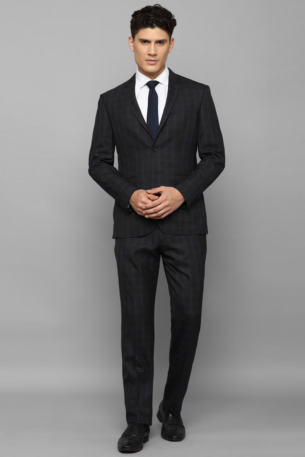 Men Black Slim Fit Check Formal Two Piece Suit-Black