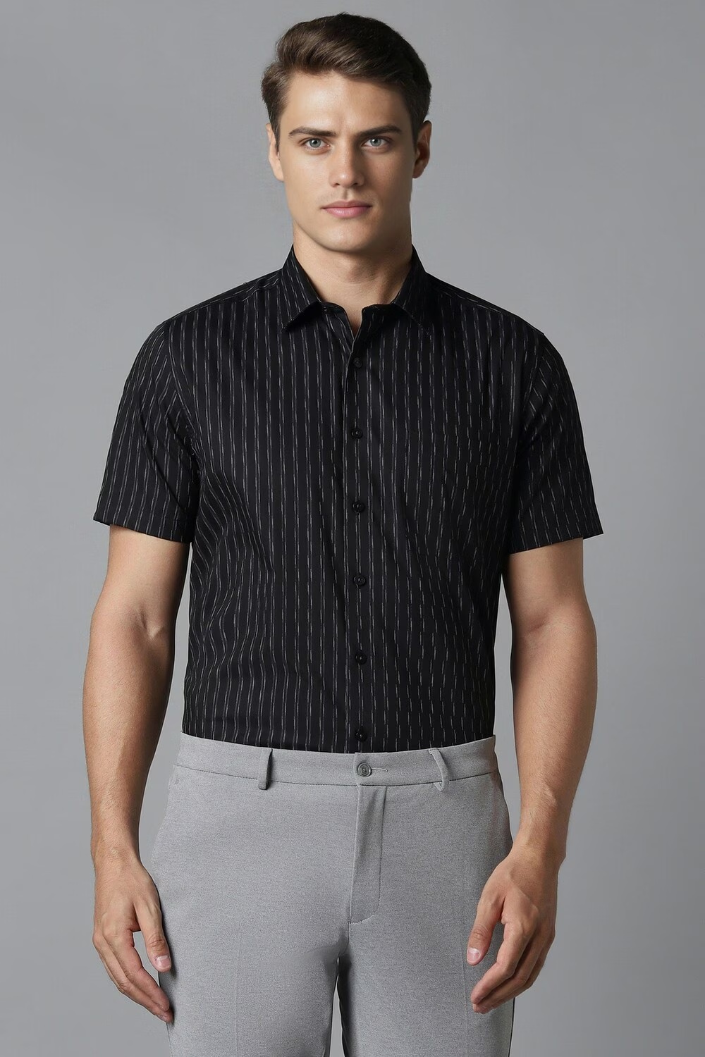 Men Black Slim Fit Stripe Half Sleeves Formal Shirt-Black