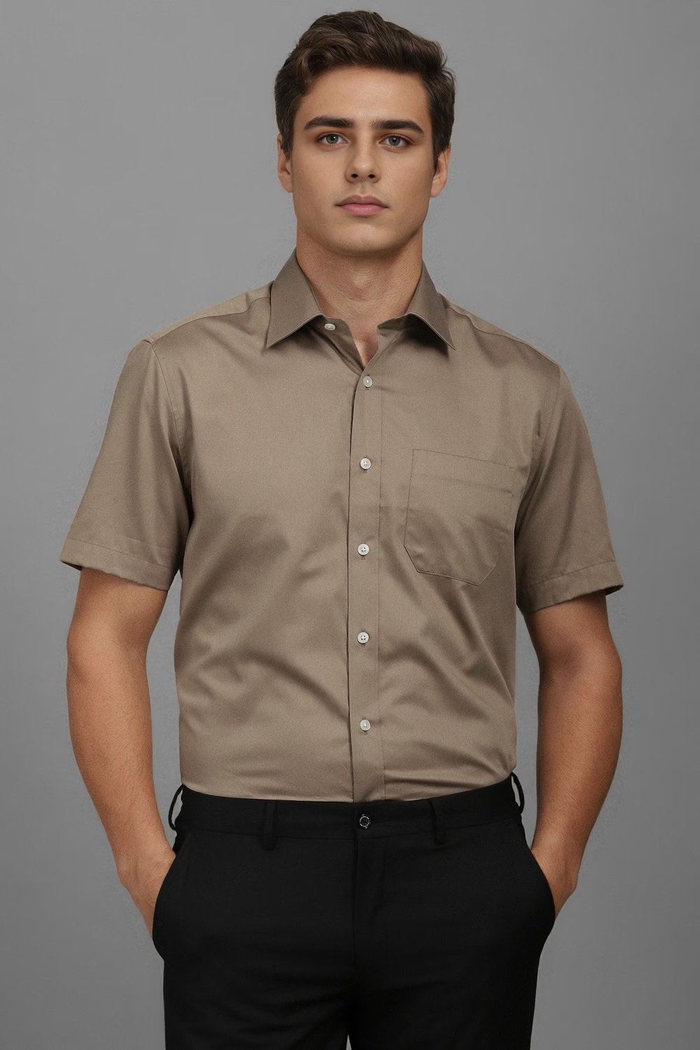 Men Brown Classic Fit Solid Half Sleeves Formal Shirt-Brown