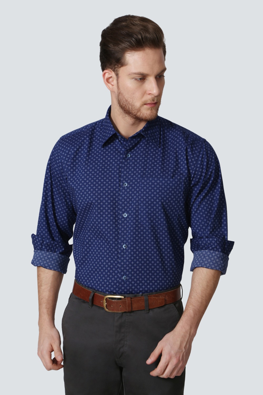 Men Blue Print Full Sleeves Formal Shirt-Blue