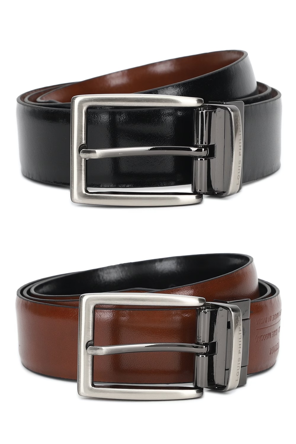 Louis Philippe Men Black & Brown Solid Reversible Formal Italian Leather with Brush Gun Metal Buckle Belt-Black