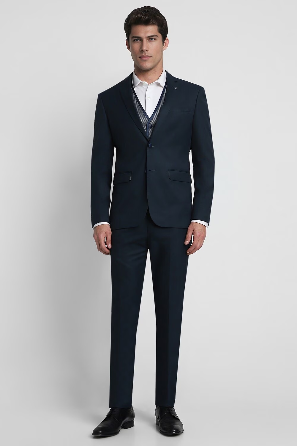 Men Navy Slim Fit Solid Formal Three Piece Suit-Navy