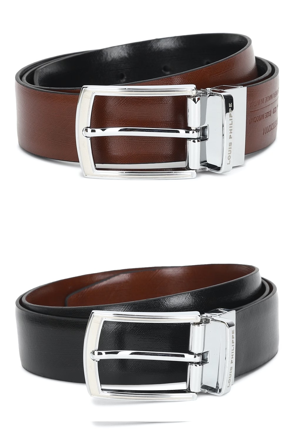 Louis Philippe Men Black & Brown Solid Reversible Formal Italian Leather with Shiny Nickel Buckle Belt-Black