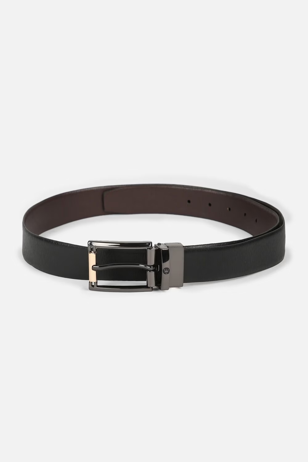 Louis Philippe Men Black & Brown Textured Reversible Formal Italian Leather with Dual Tone Buckle Belt-Black