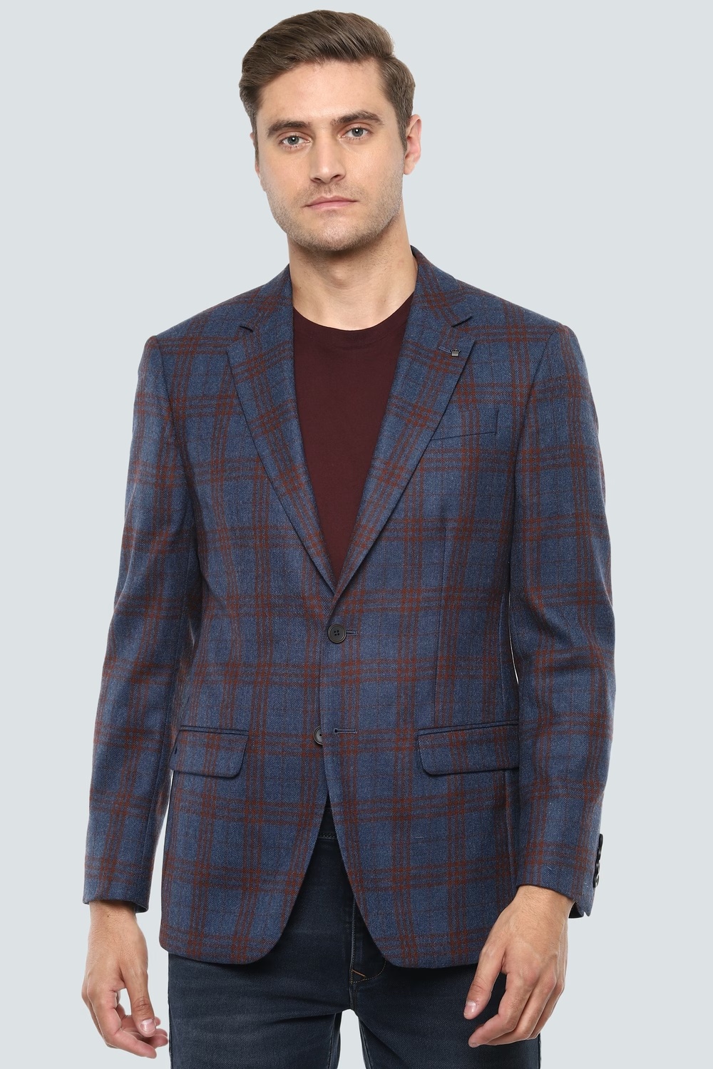 Men Navy Regular Fit Check Formal Blazer-Navy