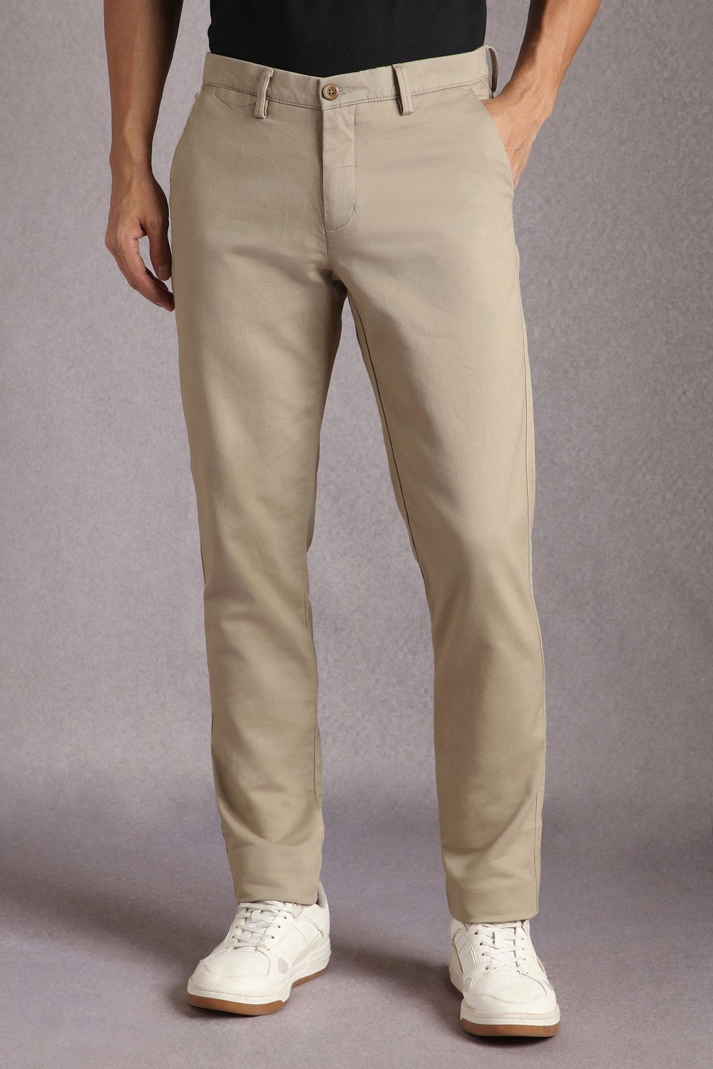 Men Beige Solid Flat Front Casual Trousers-Beige