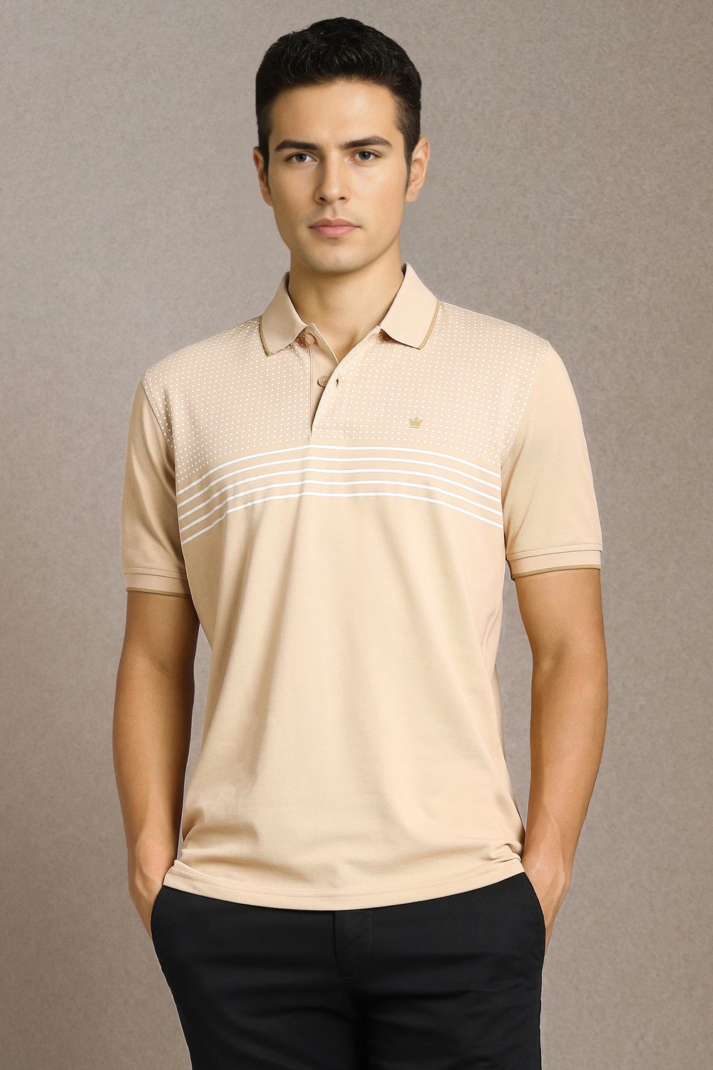 Men Beige Stripe Polo Neck T-shirt-Beige