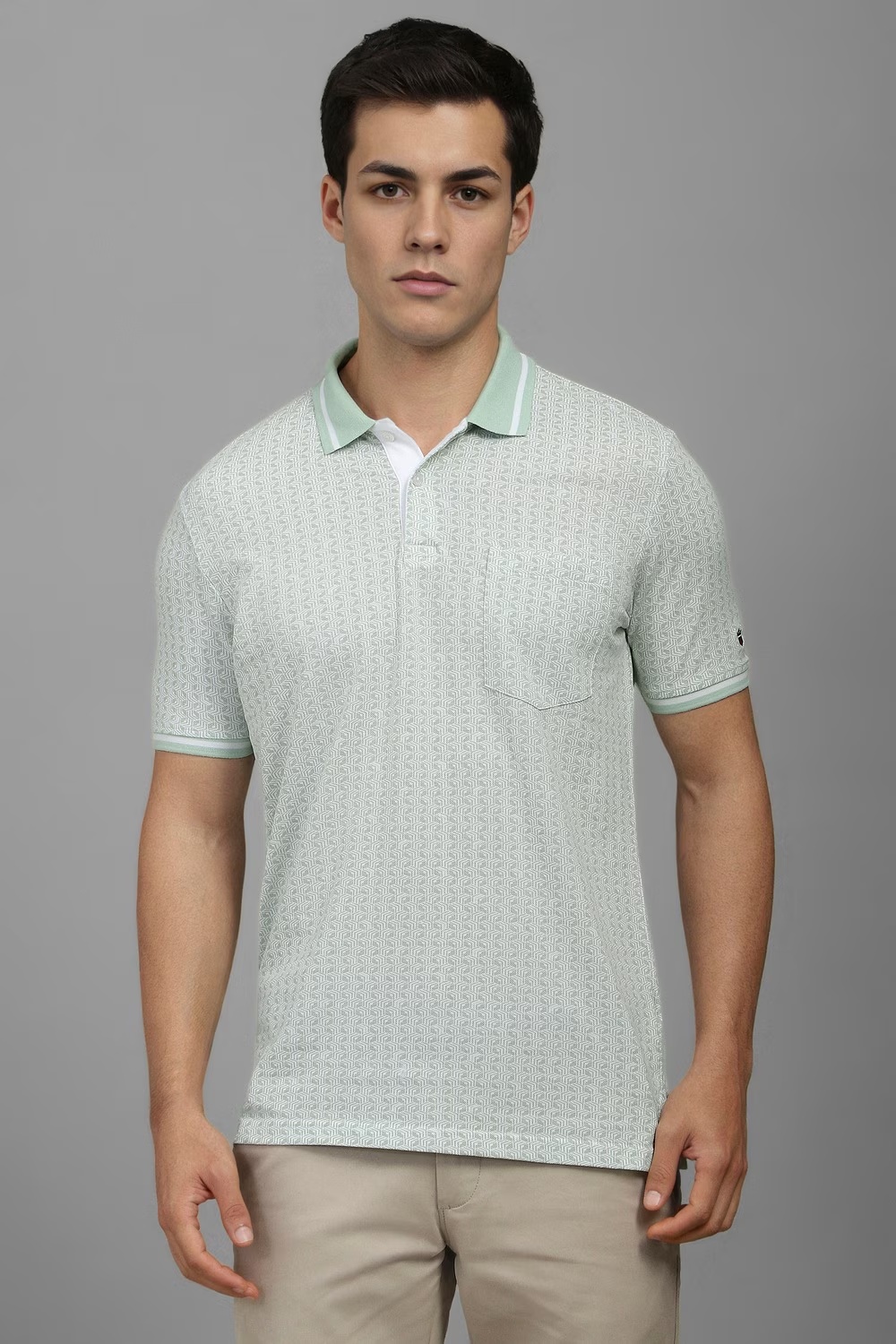 Men Green Print Polo Neck T-shirt-Green