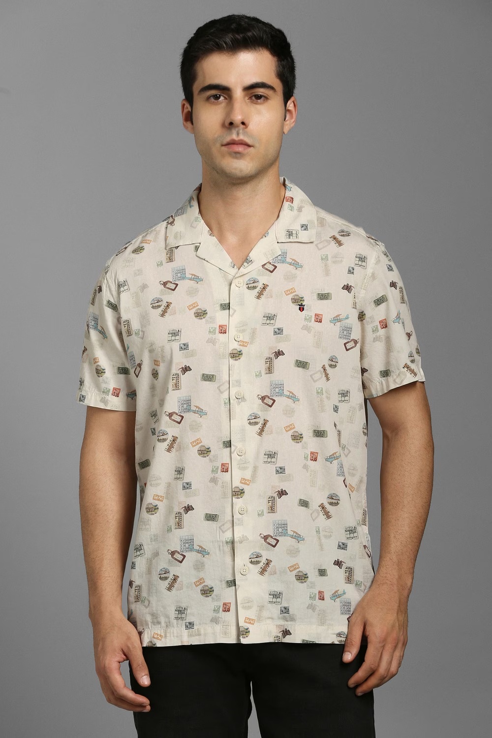 Men Beige Print Half Sleeves Casual Shirt-Beige