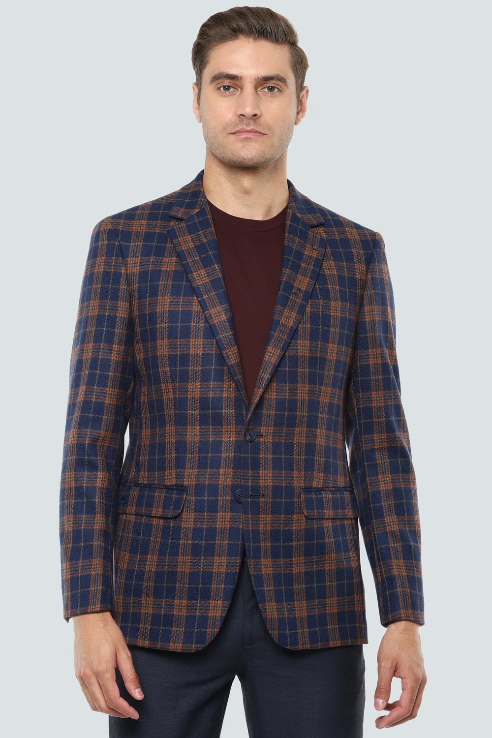 Men Navy Regular Fit Check Formal Blazer-Navy