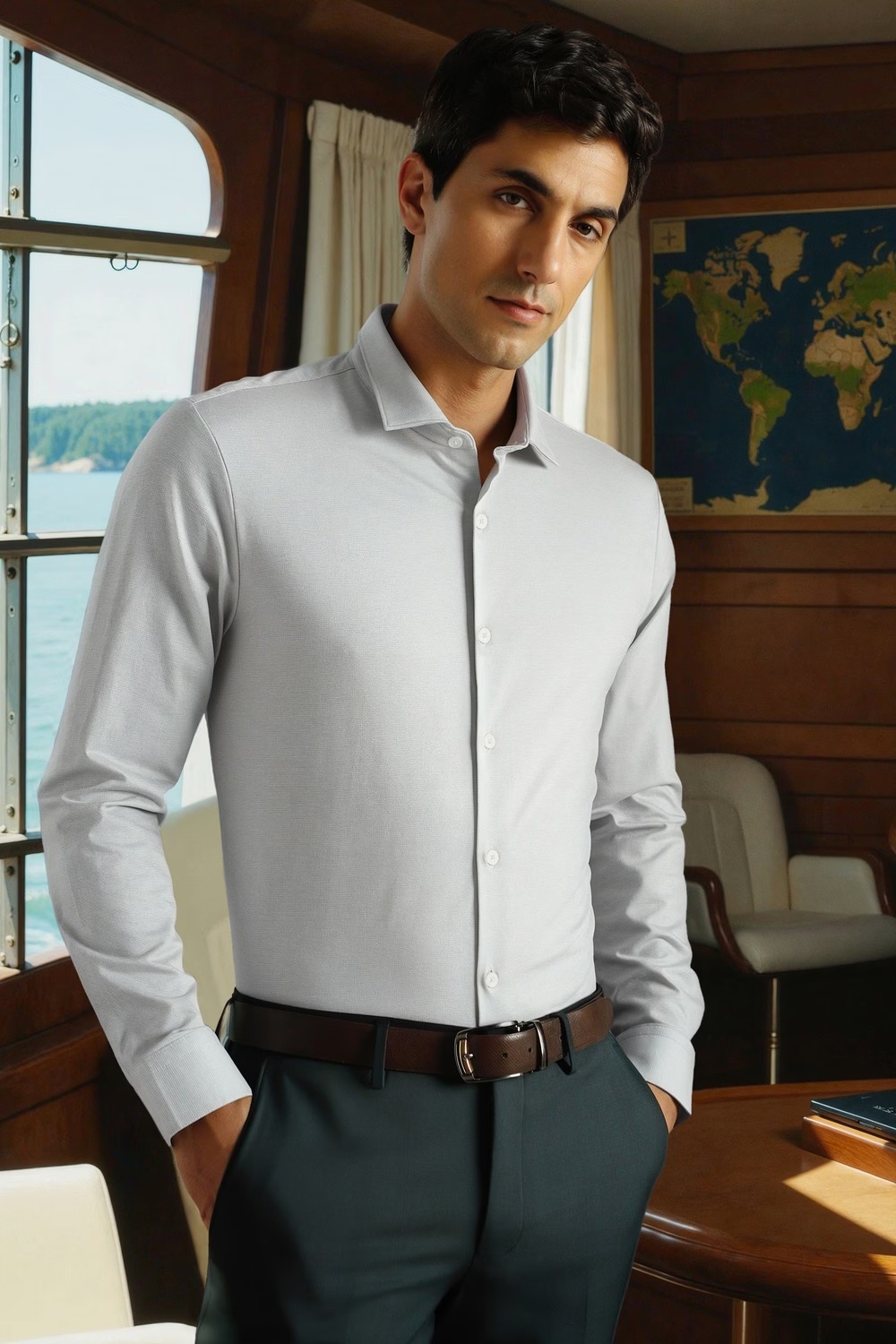 Men Grey Textured Full Sleeves Formal Shirt-Grey