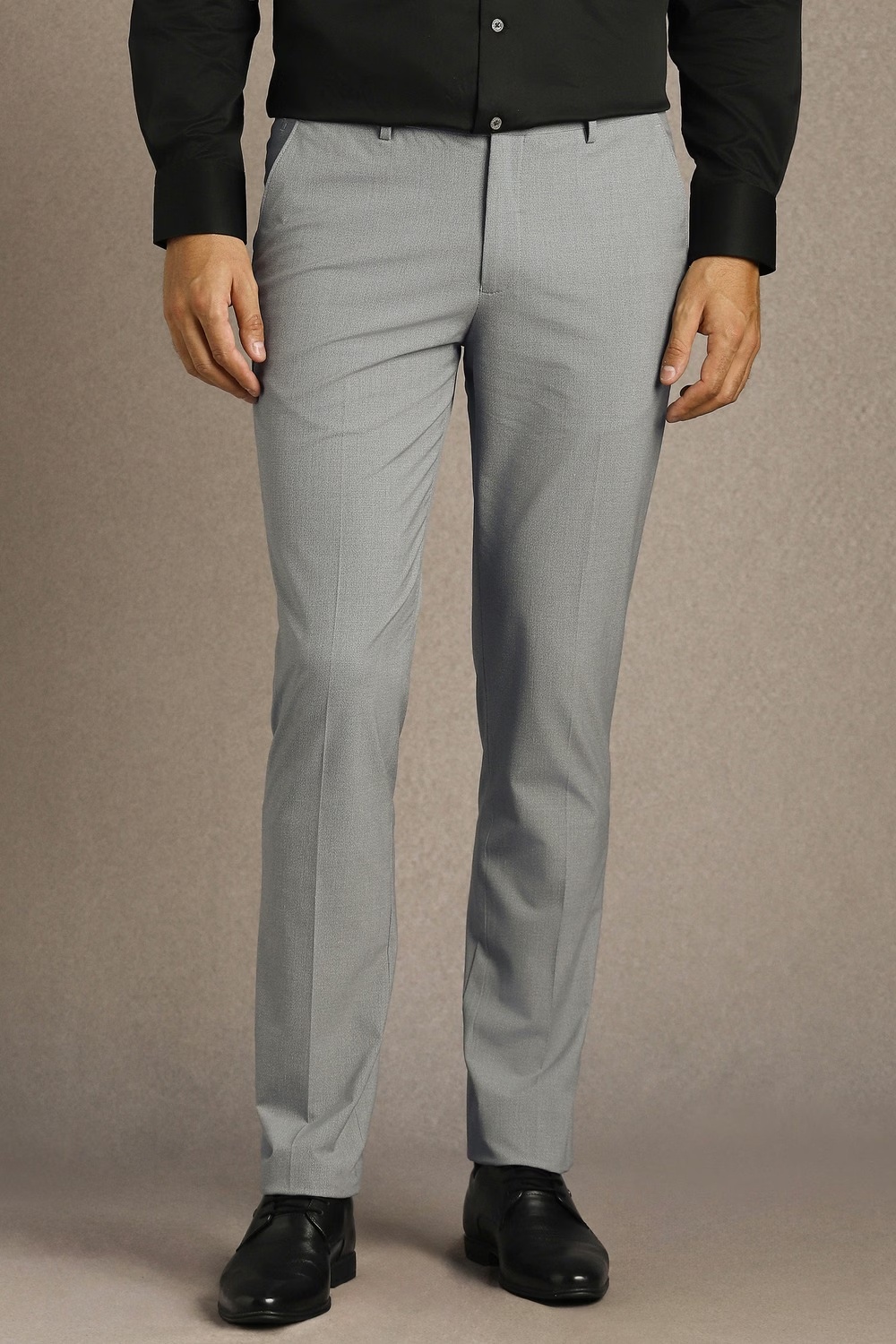 Men Grey Solid Flat Front Formal Trousers-Grey