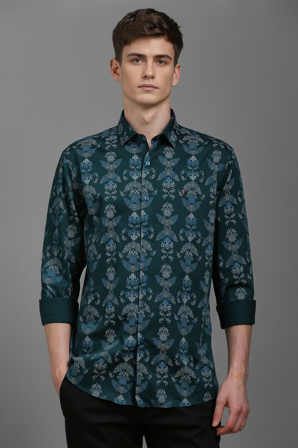Men Green Slim Fit Print Full Sleeves Casual Shirt-Green
