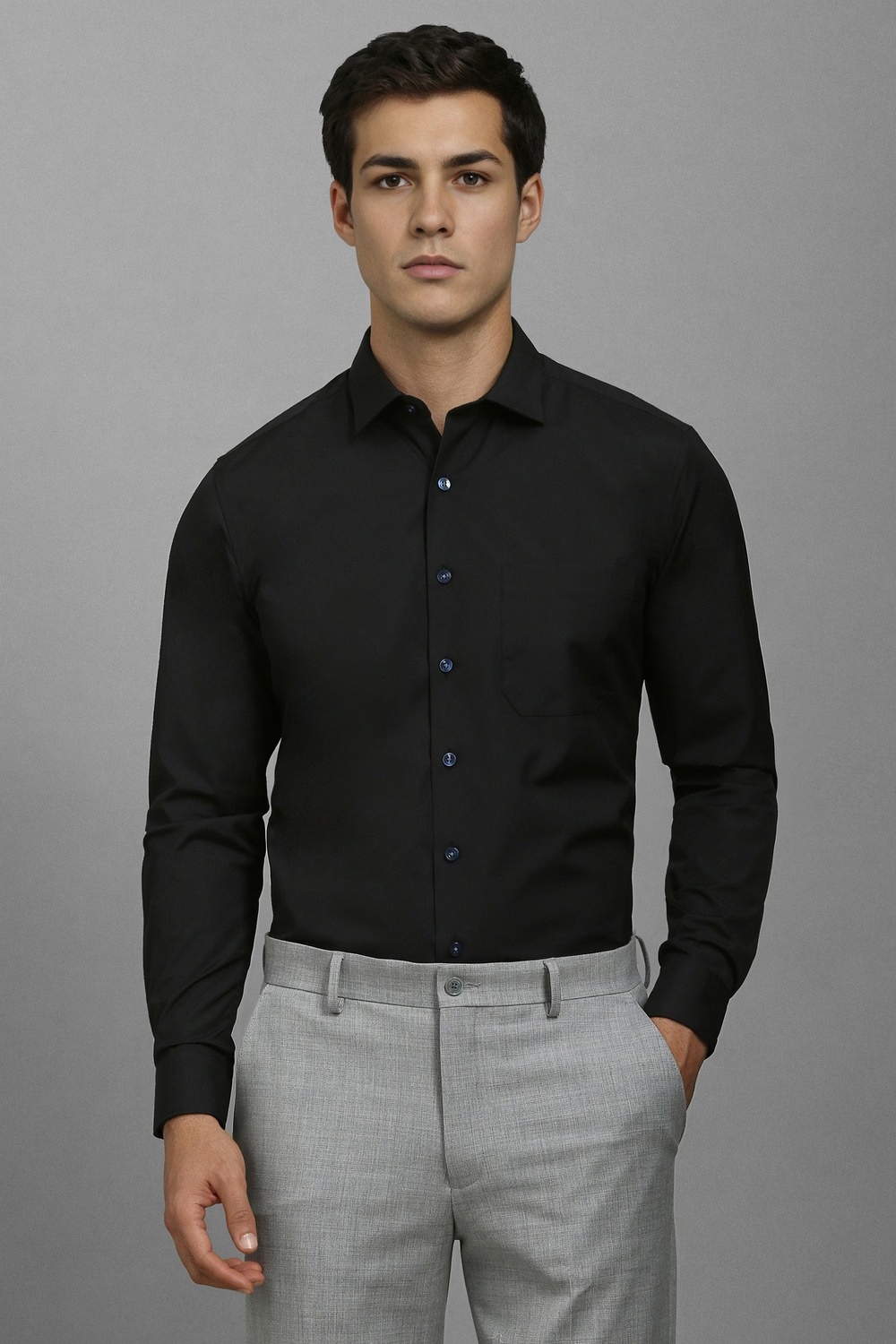 Men Black Slim Fit Solid Full Sleeves Formal Shirt-Black