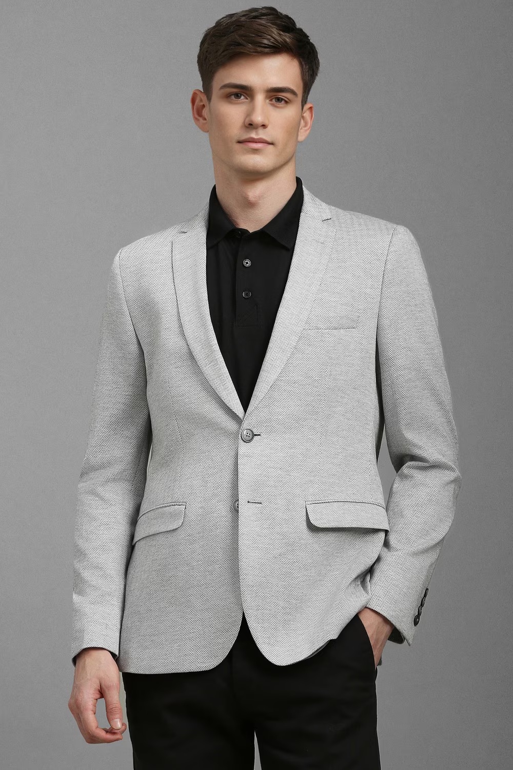 Men Grey Super Slim Fit Print Casual Blazer-Grey