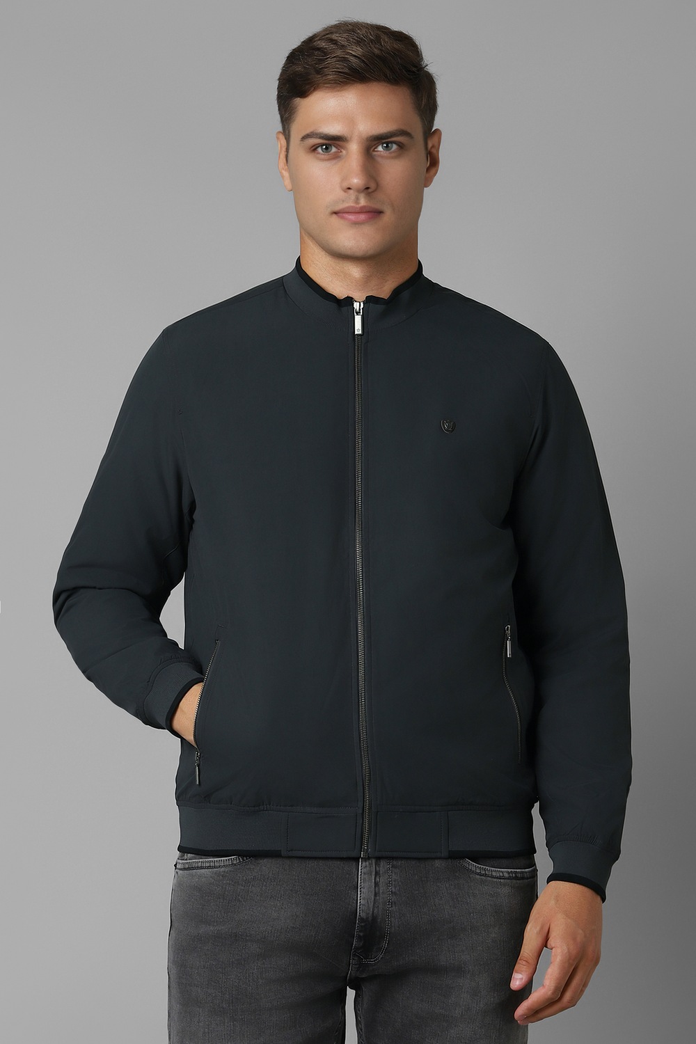 Men Casual Navy Solid Jackets-Navy