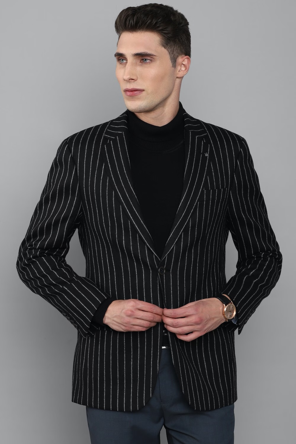 Men Black Regular Fit Stripe Formal Blazer-Black