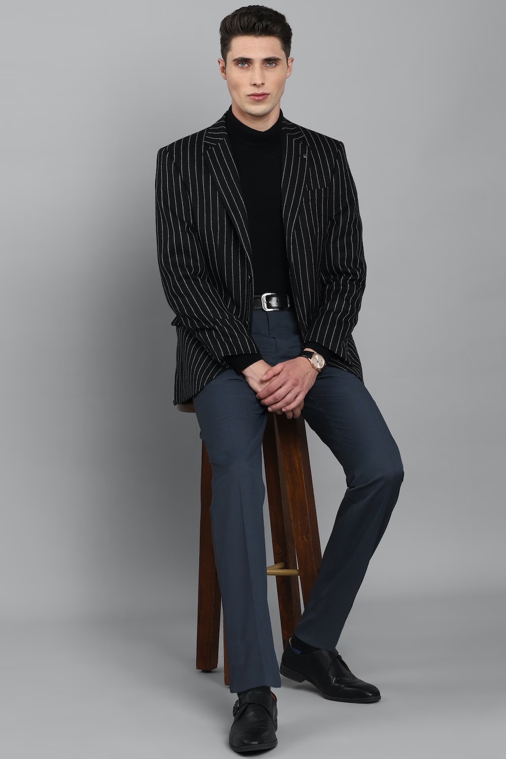 Men Black Regular Fit Stripe Formal Blazer-Black