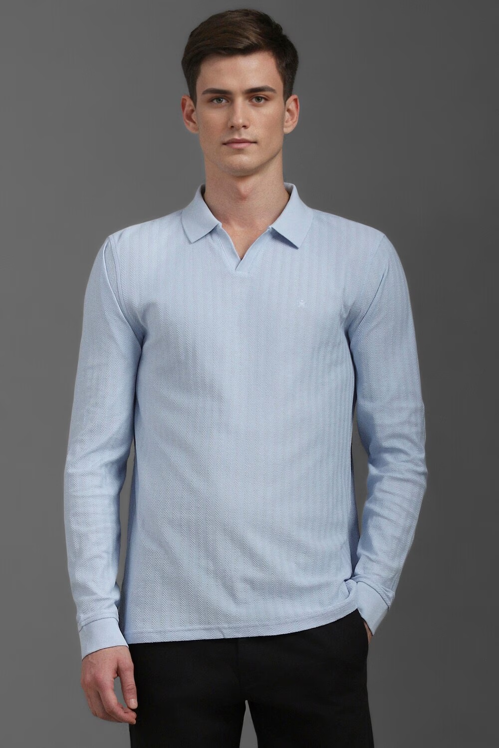 Men Light Blue Textured Polo Neck T-shirt-Light Blue
