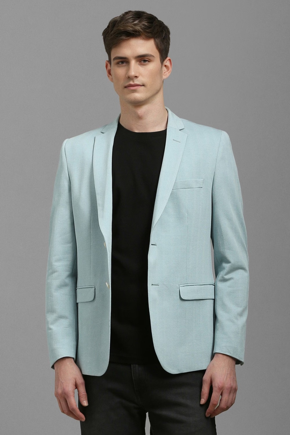 Men Light Blue Super Slim Fit Textured Casual Blazer-Light Blue