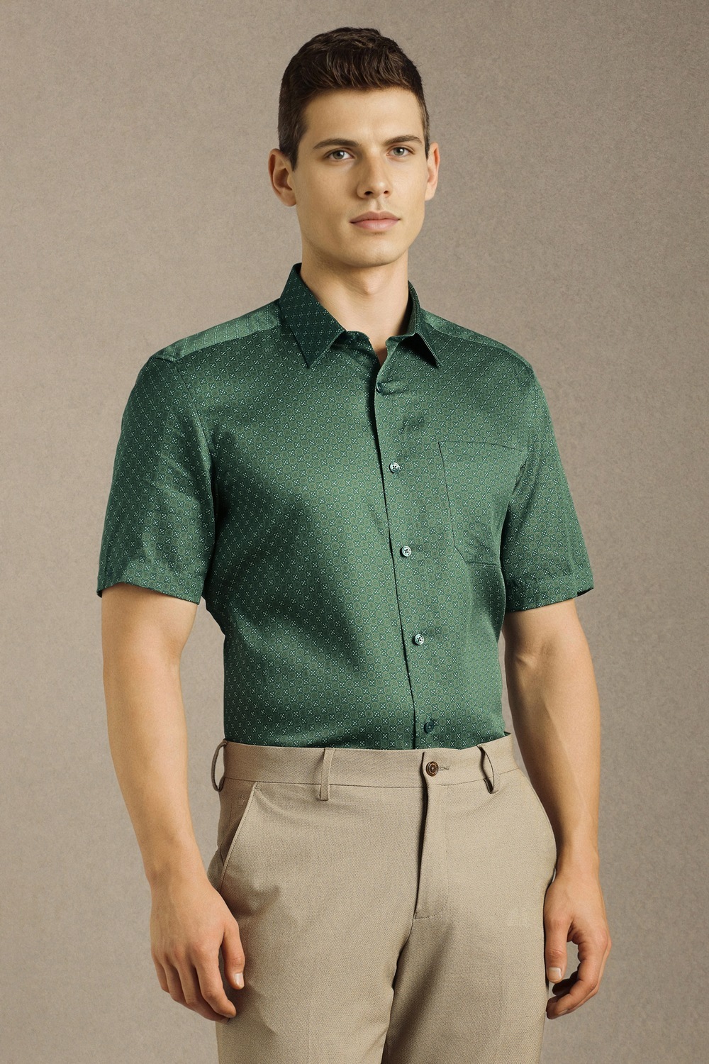 Men Green Print Half Sleeves Formal Shirt-Green