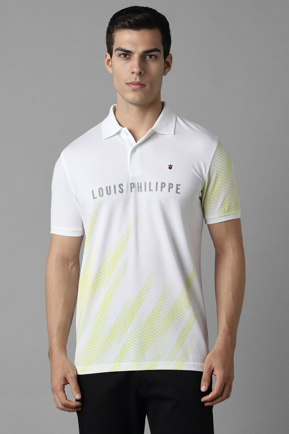 Men White Print Polo Neck T-shirt-White