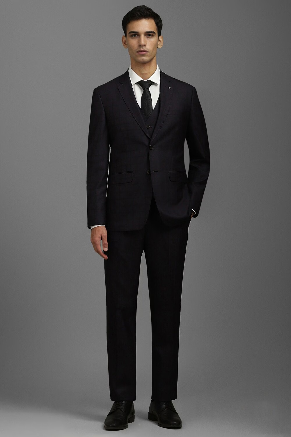 Men Purple Slim Fit Check Formal Three Piece Suit-Purple
