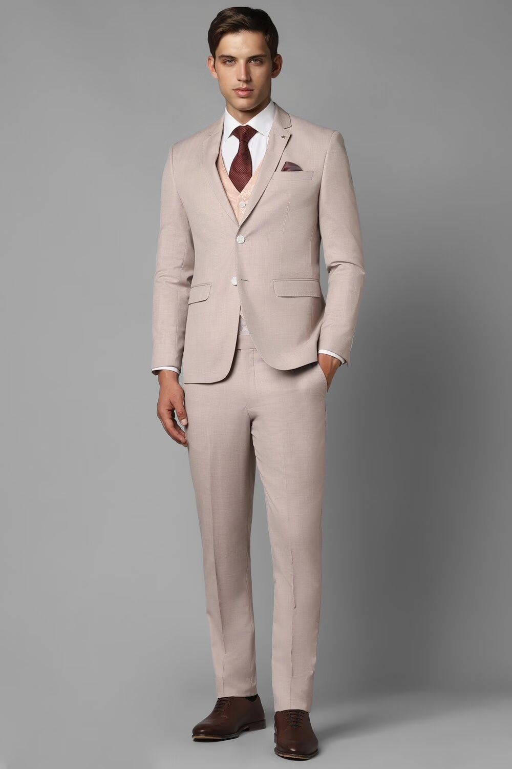 Men Beige Slim Fit Textured Formal Three Piece Suit-Beige