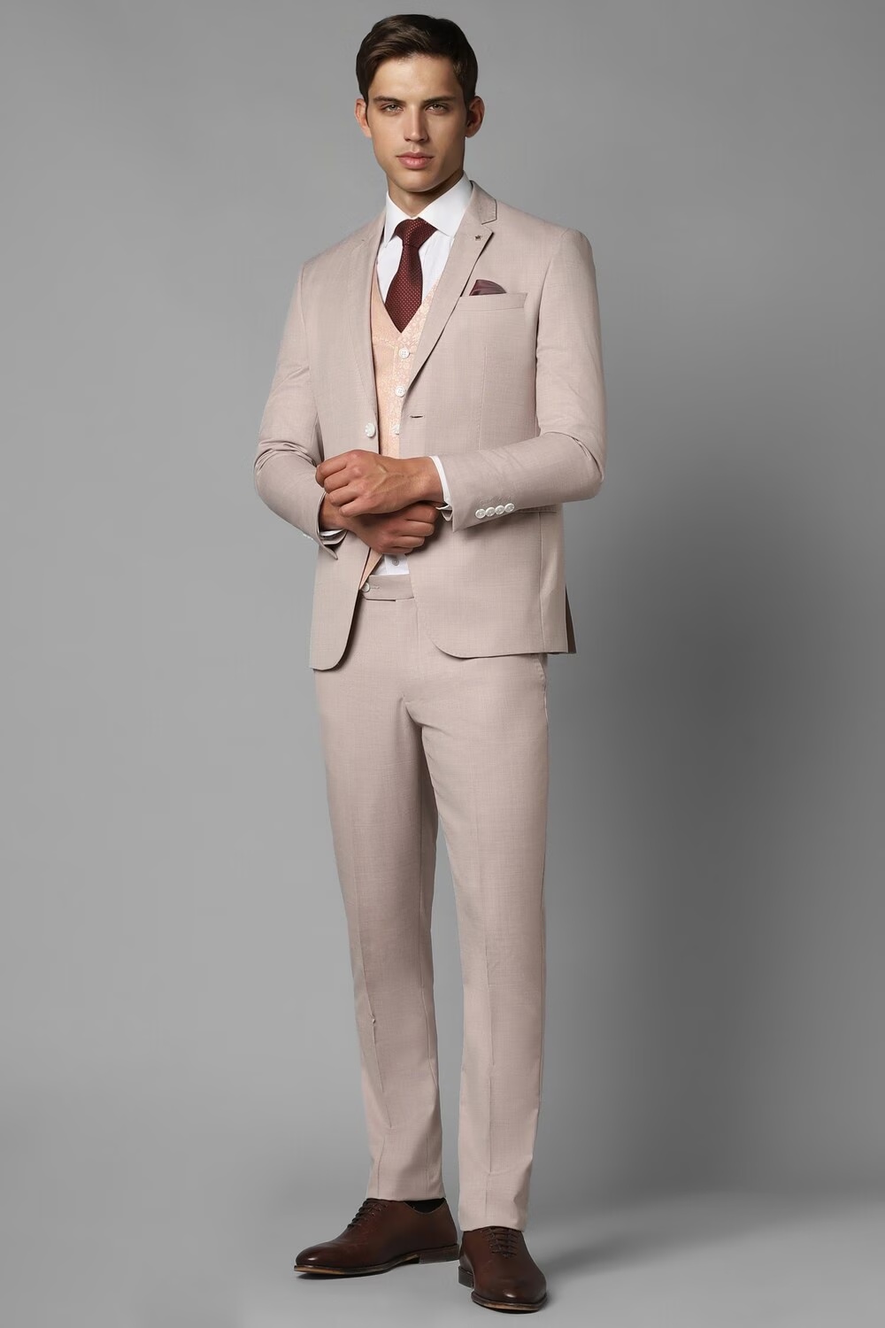 Men Beige Slim Fit Textured Formal Three Piece Suit-Beige